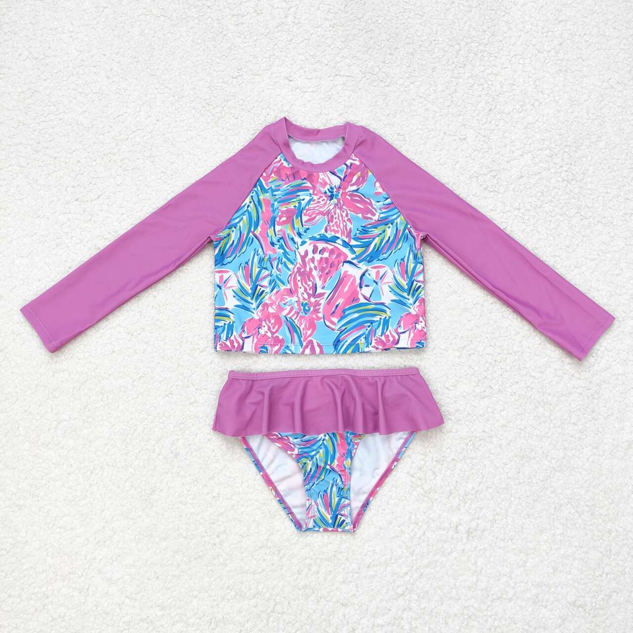 S0259 Colorful flowers print hot pink long sleeve girls swimsuits