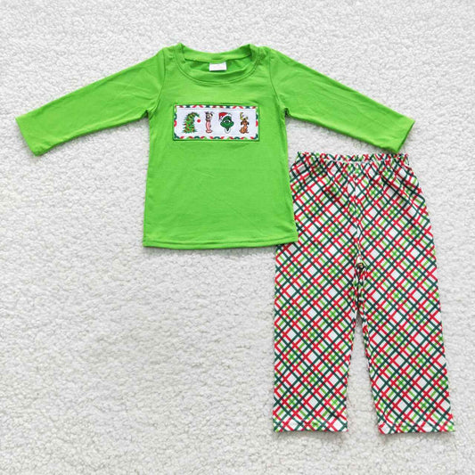 BLP0176 Embroidery Christmas green face long sleeve green & red striped pants boys set