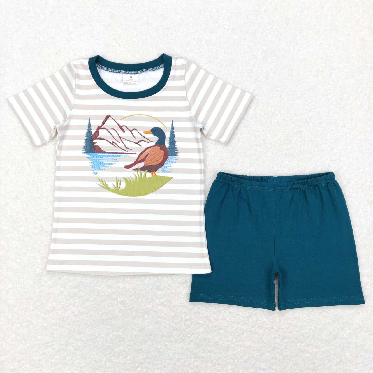 BSSO0307 Hunting mallard grey striped short sleeve dark green shorts boys set
