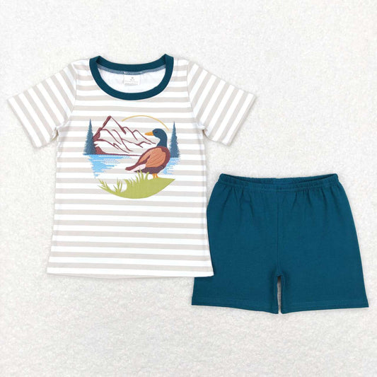 BSSO0307 Hunting mallard grey striped short sleeve dark green shorts boys set