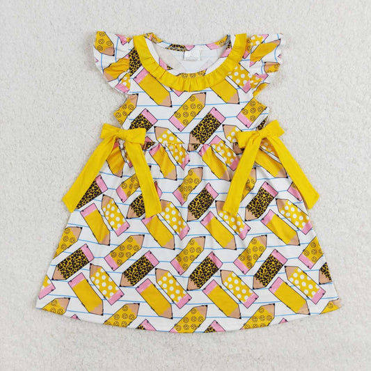 GSD1038 back to school pen yellow flutter sleeve girls dress