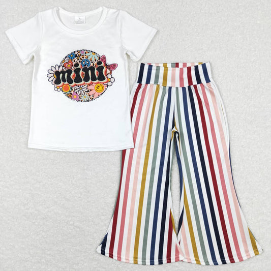 GSPO1114 Smile flowers mini short sleeve colorful striped pants girls set
