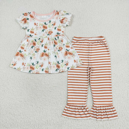 GSPO1570 flowers short sleeve pink striped pants girls floral set