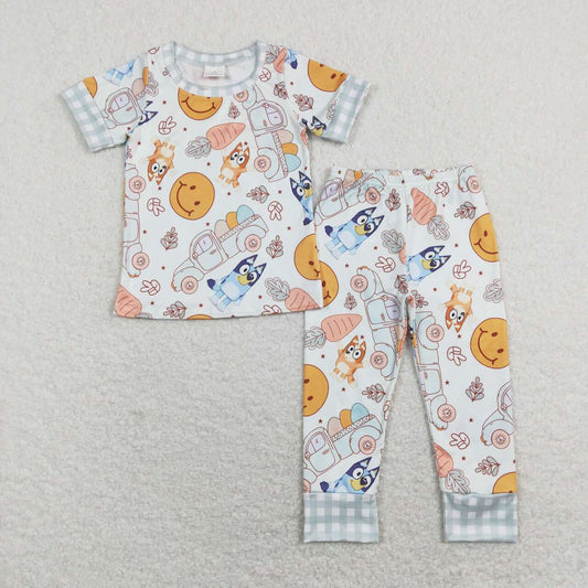 BSPO0301 Easter Cartoon Blue Dog Carrot Flowers Short Sleeve Pants Boys Pajamas