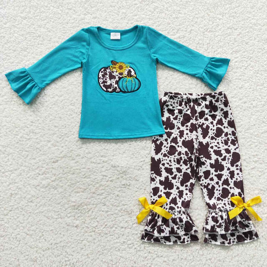 GLP0461 Pumpkin Flowers Blue Long Sleeves Cow Print Pans Girls Set