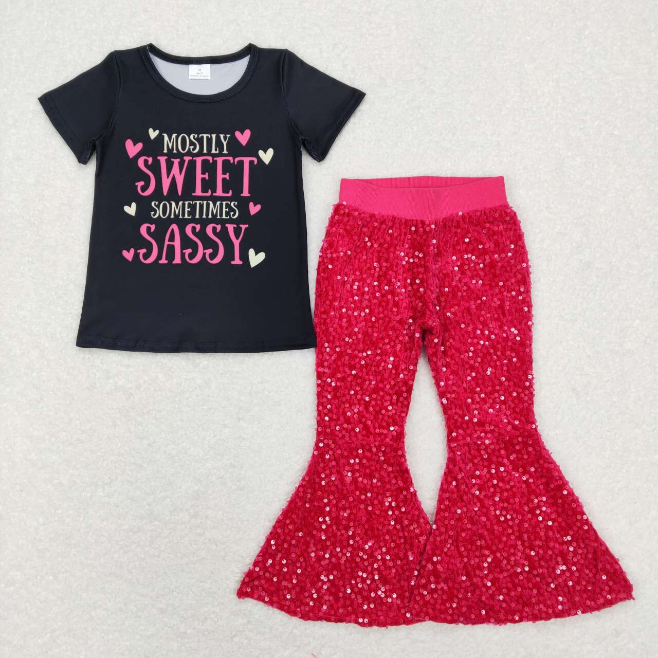 GSPO1235 Sweet Sometimes Sassy Black Short Sleeve Hot Pink Sequin Pants Girls Set
