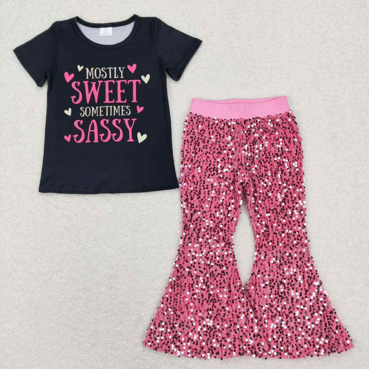 GSPO1178 Sweet Sometimes Sassy Black Short Sleeve Pink Sequin Pants Girls Set