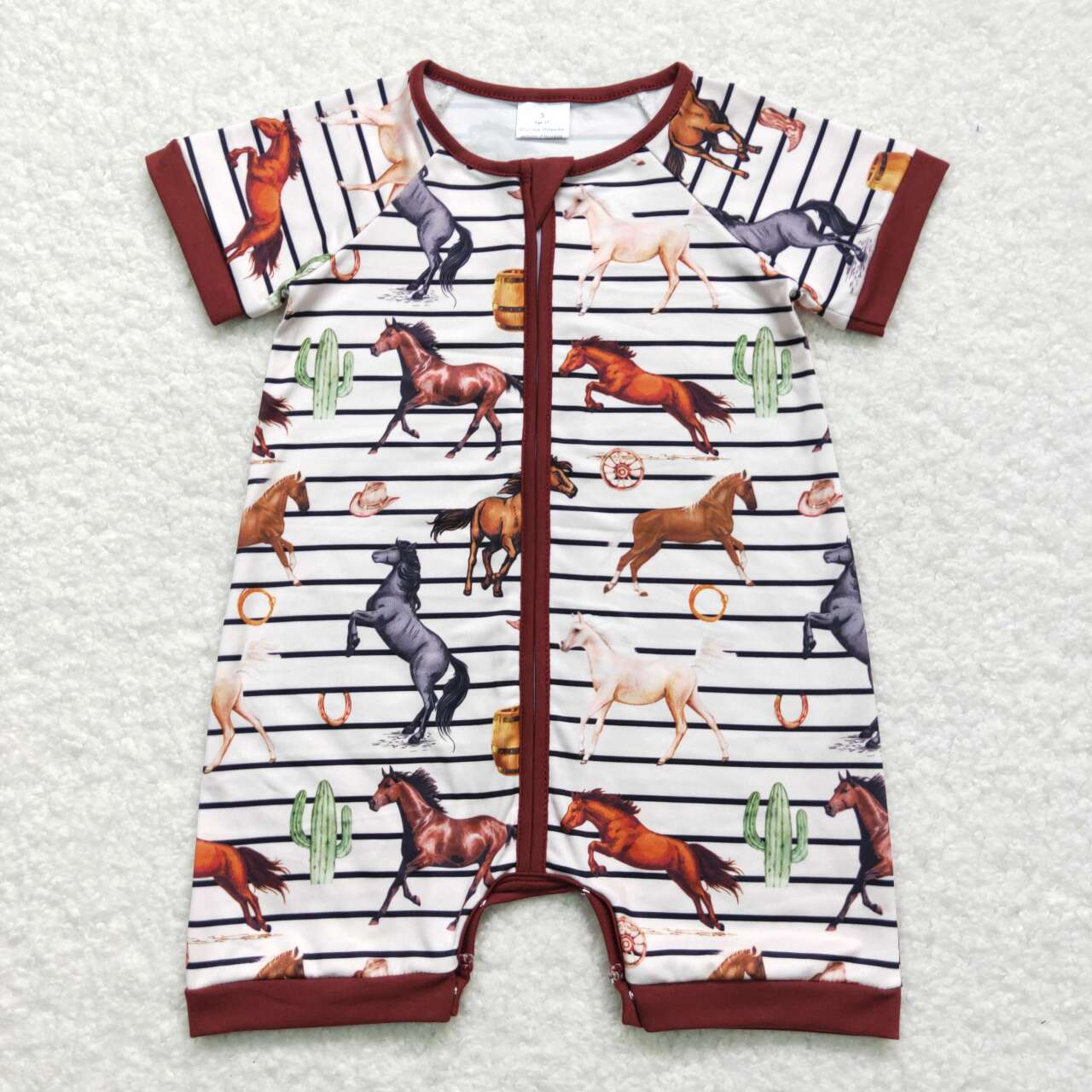 SR0823 Western Horse Cactus Brown Short Sleeve Boys Romper