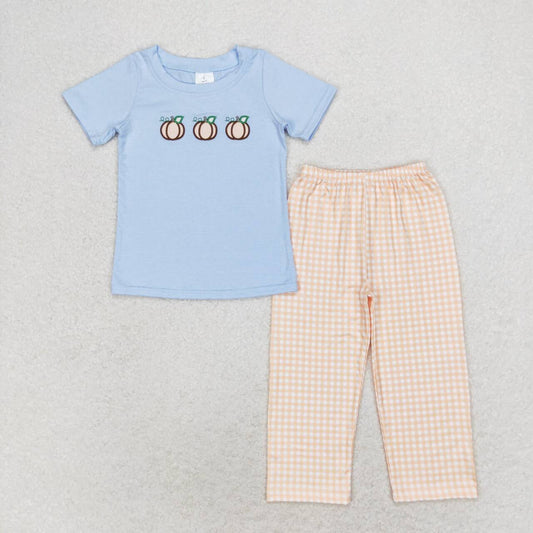 BSPO0371 embroidery Autumn pumpkin blue short sleeve orange checkered pants boys set