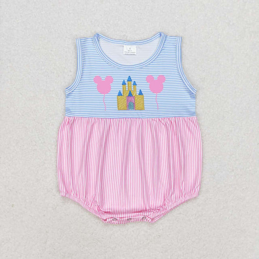 SR1410 cartoon M castle hot pink striped sleeveless girls romper