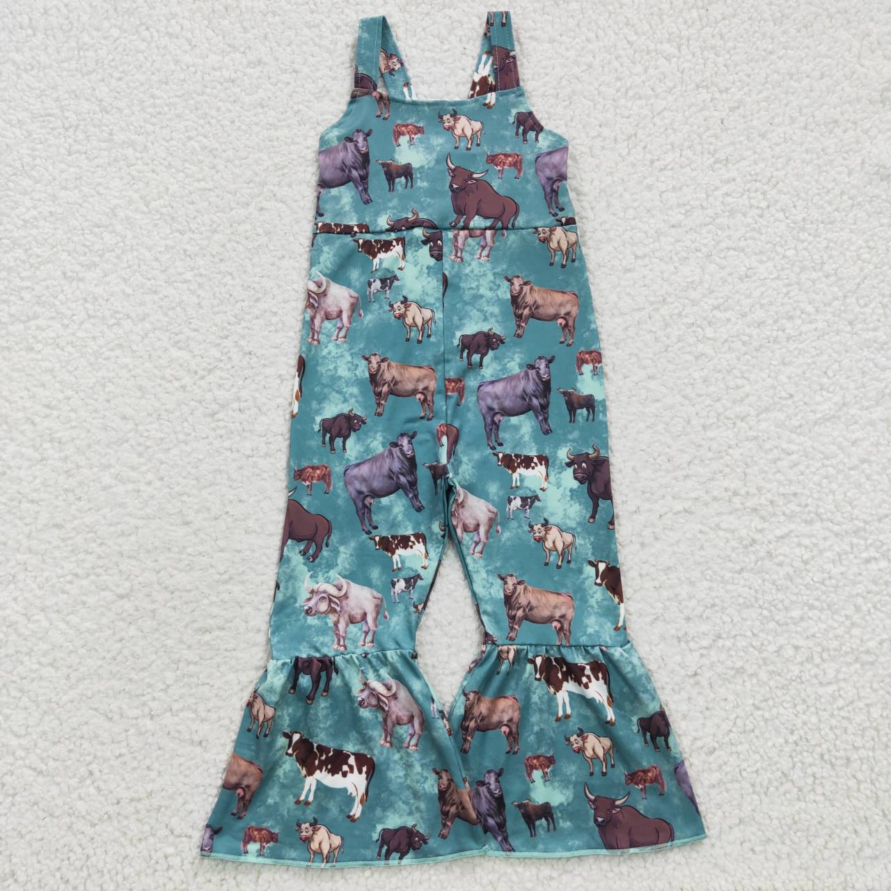 SR0371 Animals Cow Blue Sleeveless Kids Summer Jumpsuits