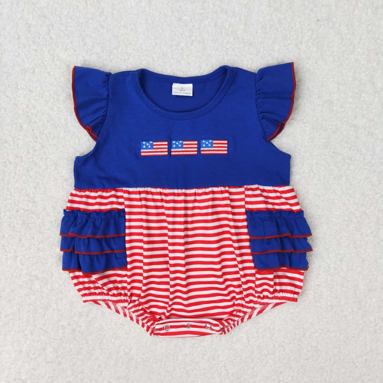 SR1211 embroidery July 4th flag red striped blue flutter sleeve girls romper