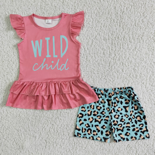 GSSO0036  Pink Wild Child Flutter Sleeve Blue Leopard Print Kids Outfits