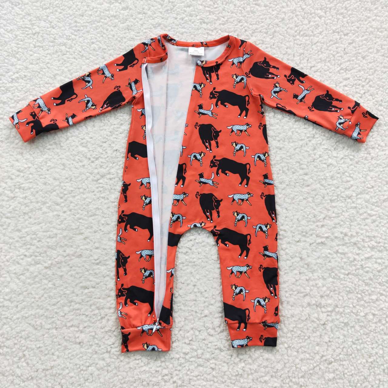 LR0342 Western Cow Dog Orange Long Sleeves Kids Romper