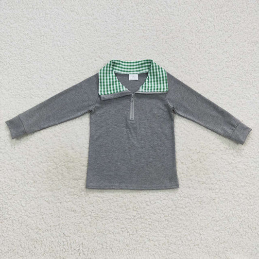 BT0281 Green plaid grey long sleeve boys top