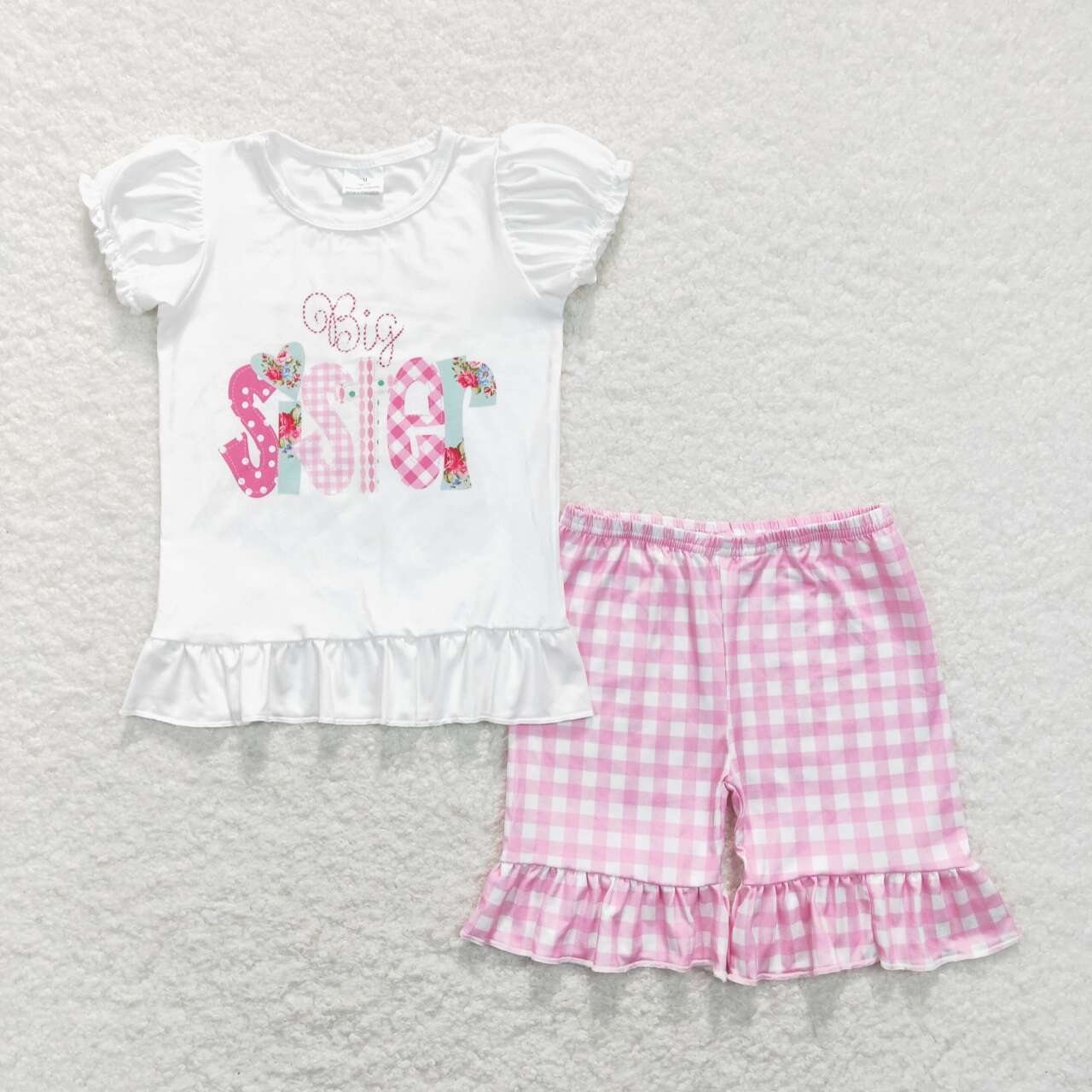 GSSO0395 Easter big sister short sleeve pink checkered shorts girls set