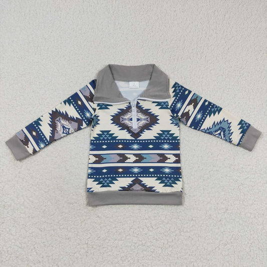 BT0229 Geometric Pattern Grey Zipper Long Sleeve Boys Top