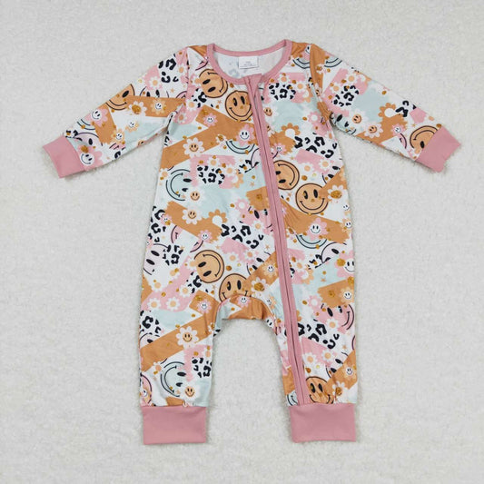 LR0684 Smile flowers pink long sleeve girls romper