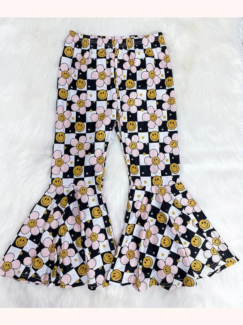 preorder P0705 smile flowers black checkered girls pants