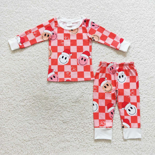 GLP0733 Christmas smile orange plaid long sleeve pants girls pajamas