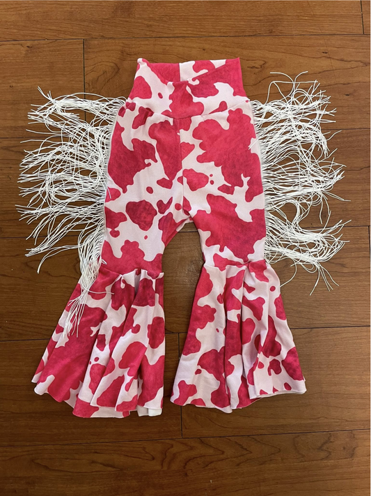 preorder P1008 Western Cow Print Hot Pink Tassels Girls Pants