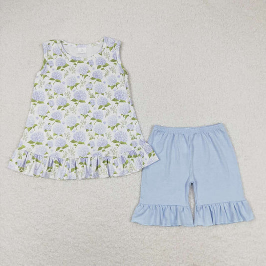 GSSO1050 blue flowers sleeveless blue shorts girls set