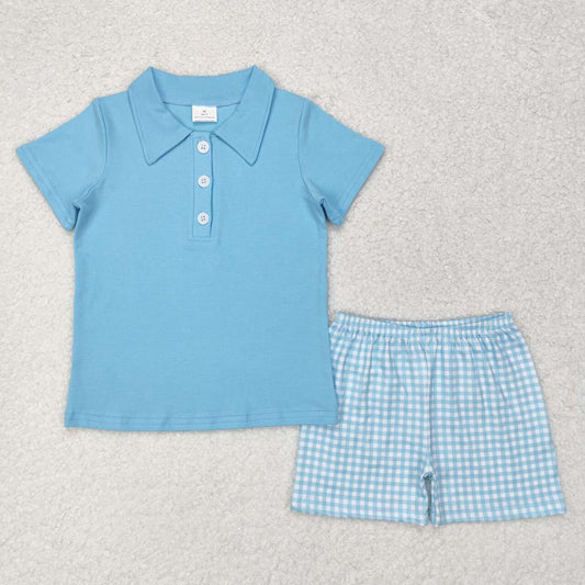 BSSO0954 sky blue short sleeve top sky blue checkered shorts boys set