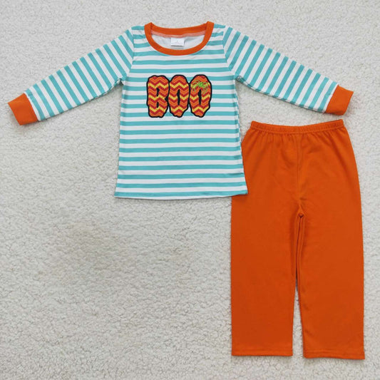 BLP0307 Halloween Boo blue striped long sleeve orange pants boys set