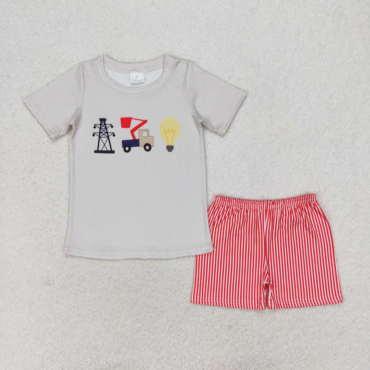 BSSO0632 Lineman truck grey short sleeve red striped shorts boys set