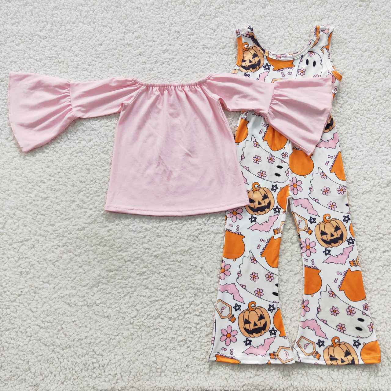 GLP0568 Halloween Pink Long Sleeves Pumpkin Ghost Flowers Jumpsuits Girls Set