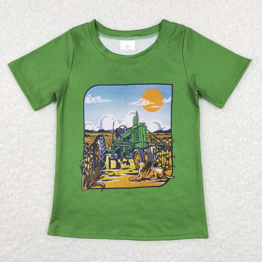 BT0503 Farm tractor dog green short sleeve kids top