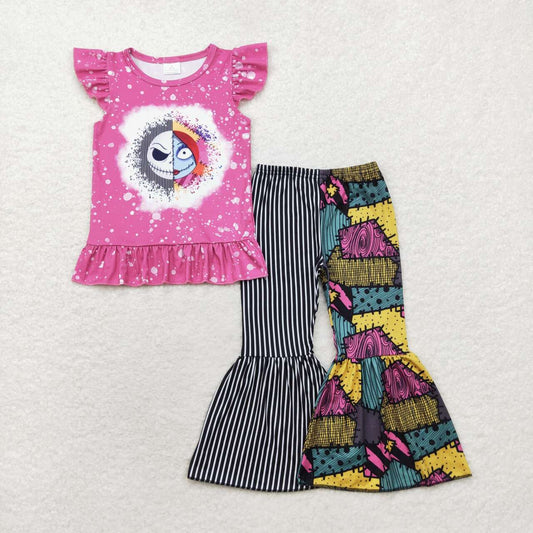GSPO1628 Halloween skull purple flutter sleeve striped colorful pants girls set