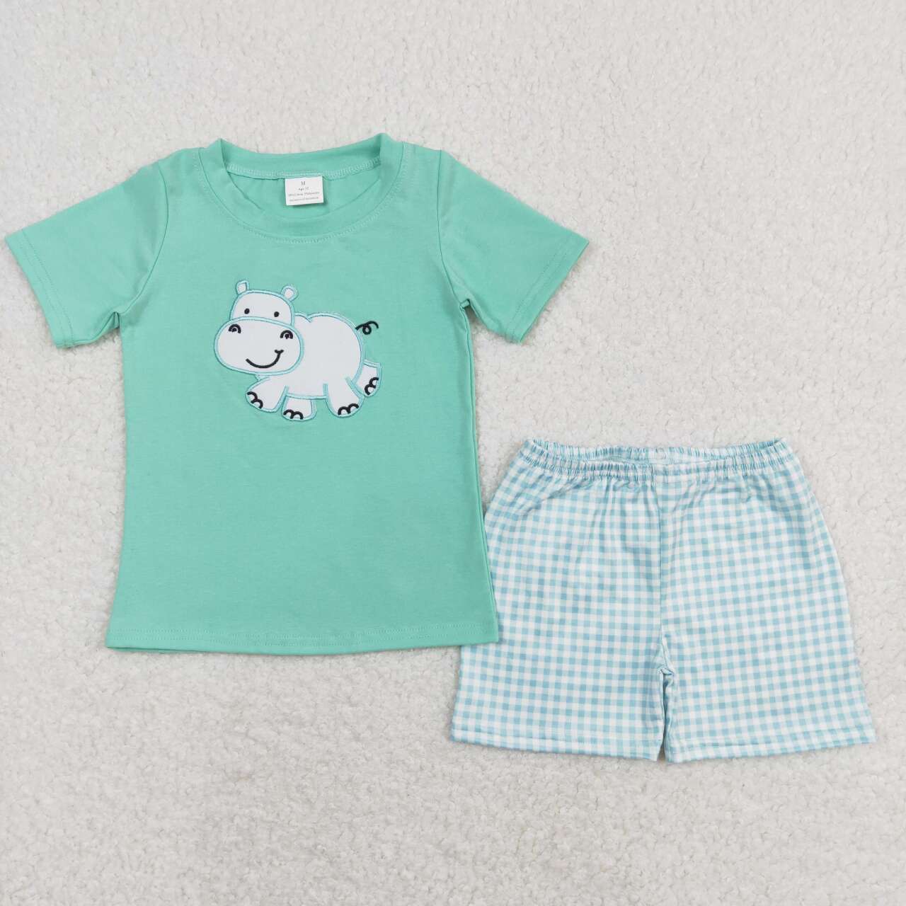 BSSO0466 embroidery Hippo Green Short Sleeve Blue Checkered Shorts Girls Set