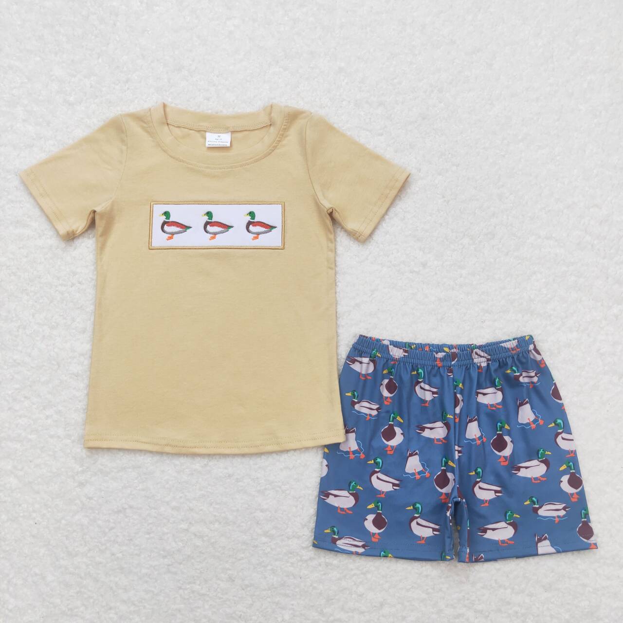 BSSO0645 embroidery Mallard khaki short sleeve dark blue shorts boys set