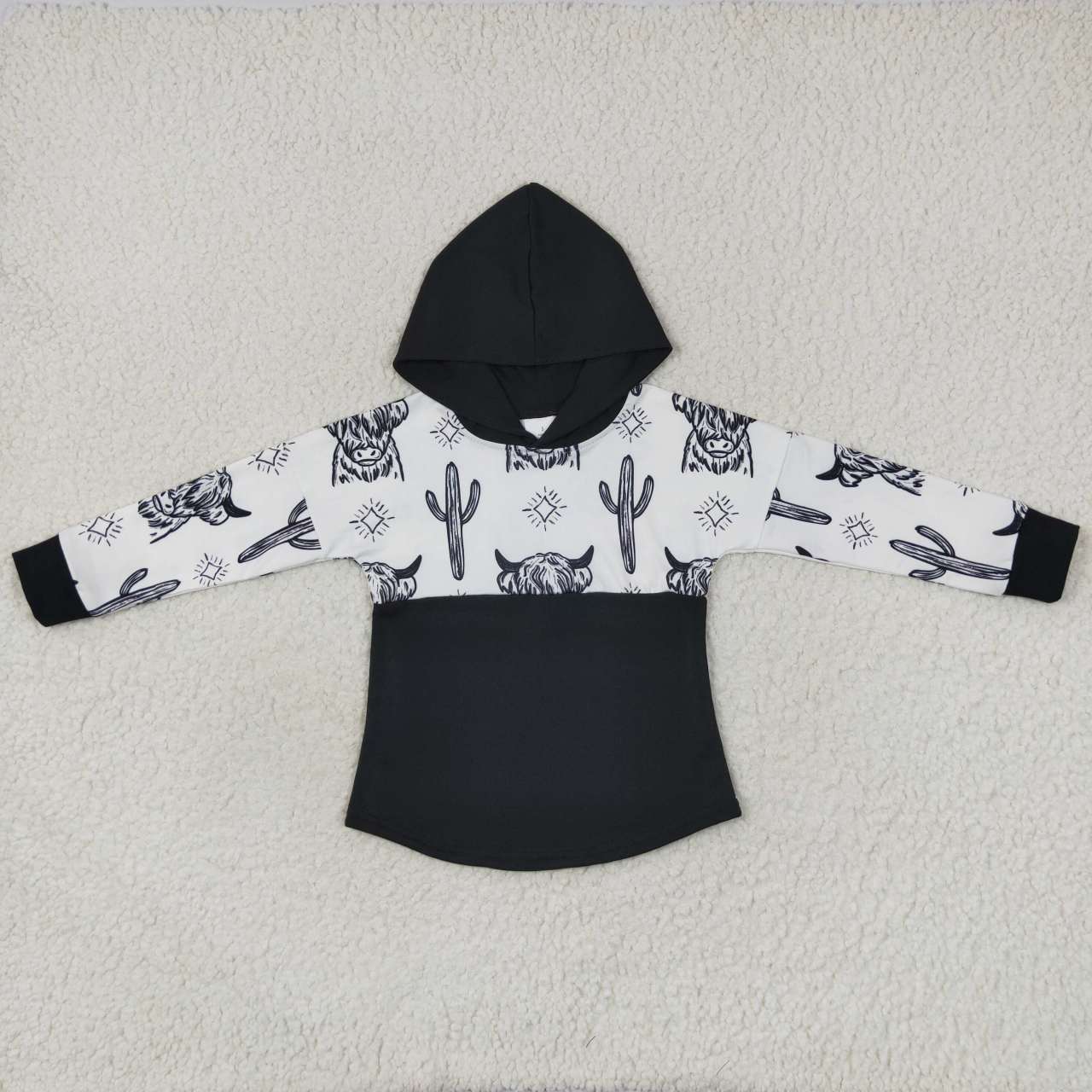 BT0318 Western highland cow cactus black long sleeve hoodie boys top