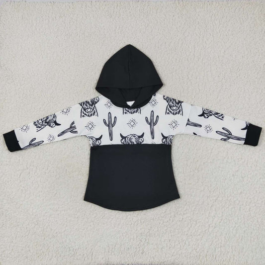 BT0318 Western highland cow cactus black long sleeve hoodie boys top