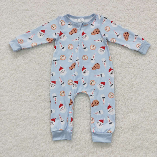 LR0472 Christmas Santa Claus Cookie Blue Long Sleeve Boys Romper
