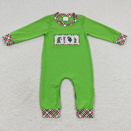 LR0325 Embroidery Christmas green face long sleeve kids romper