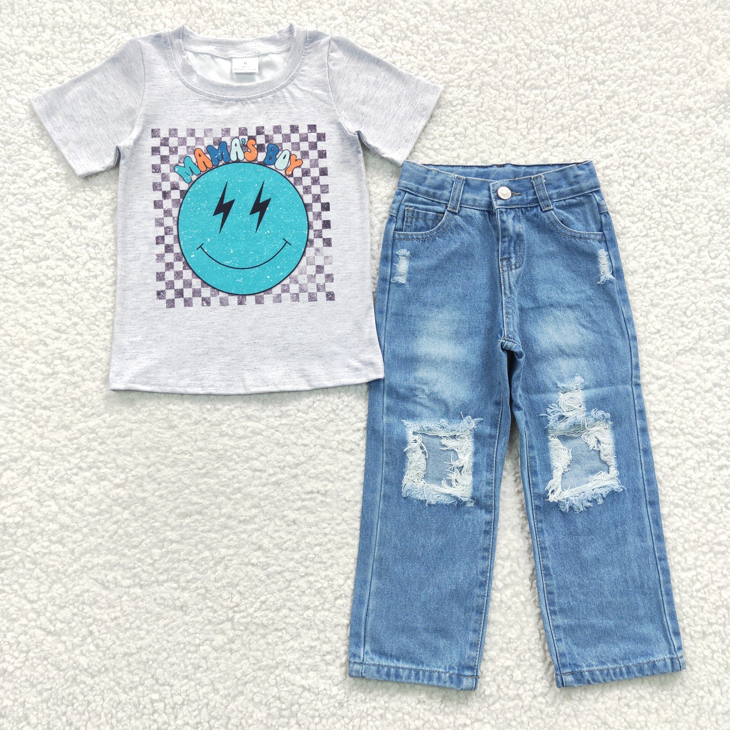 BSPO0117 MAMAS BOY Smile Top Blue Denim Jeans Boys Summer Set