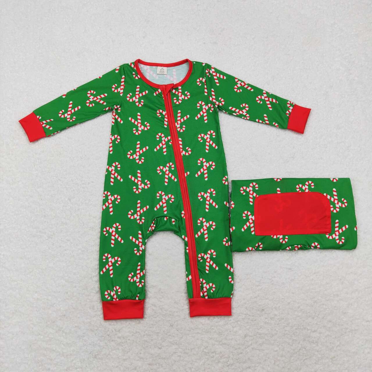 bamboo LR1237 Christmas cane candy green long sleeve zipper boys romper