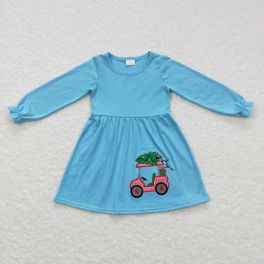 GLD0391 Christmas tree truck blue long sleeve girls dress