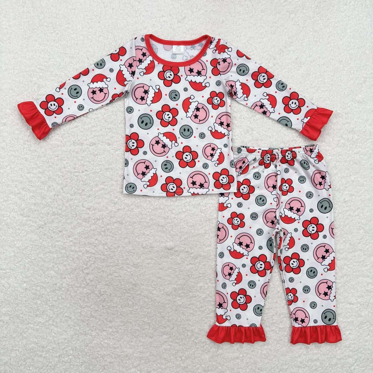 GLP1272 bamboo Christmas hat smile flowers red long sleeve pants girls pajamas