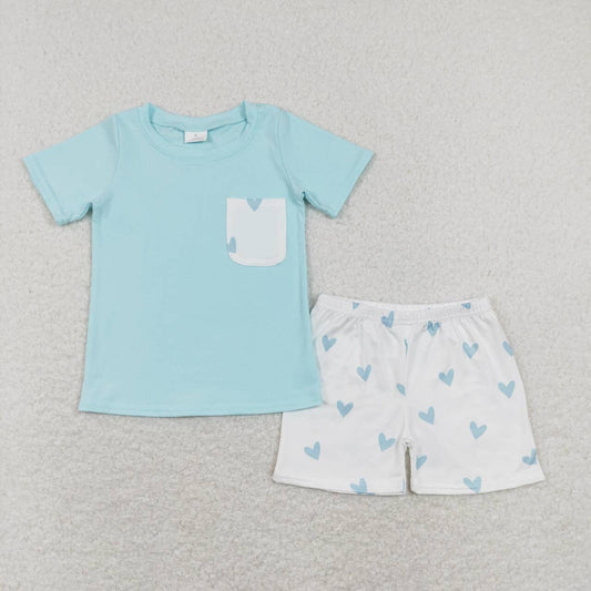 BSSO0413 Valentine's Day heart blue pocket short sleeve shorts boys set