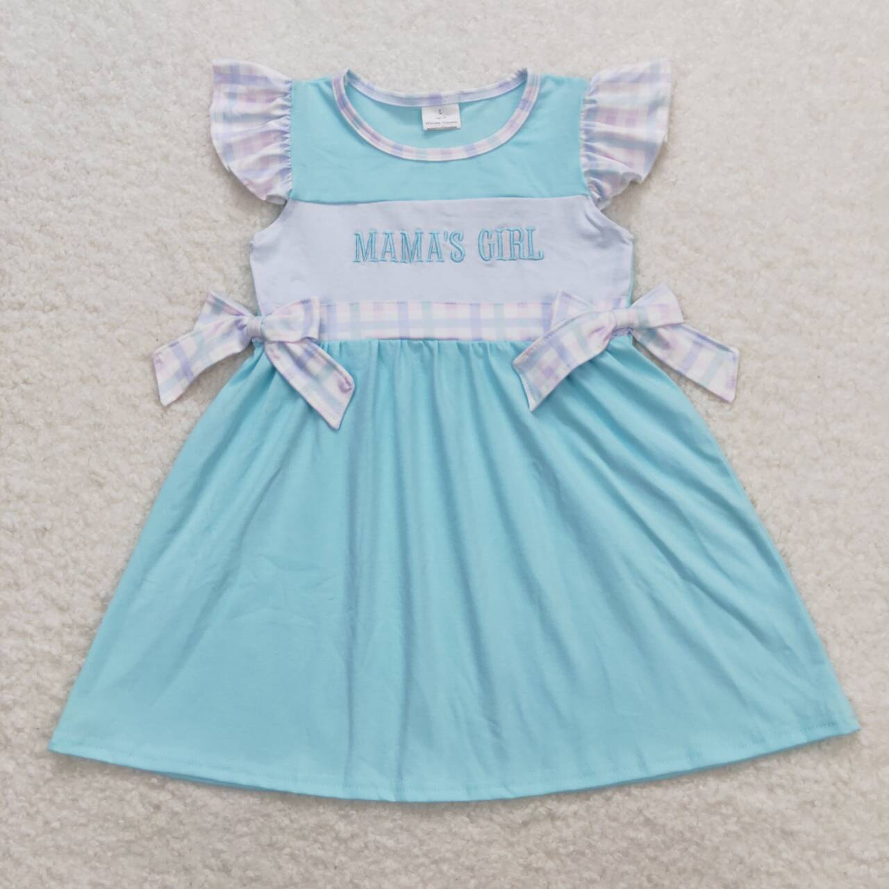 GSD0848 embroidery Mama's Girl cyan flutter sleeve girls dress