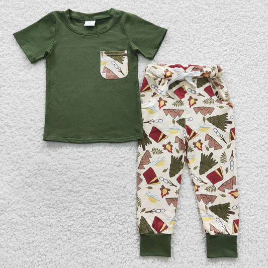 BSPO0127 Green Pocket Short Sleeves Tree Fire Mountain Pants Boys Clothes