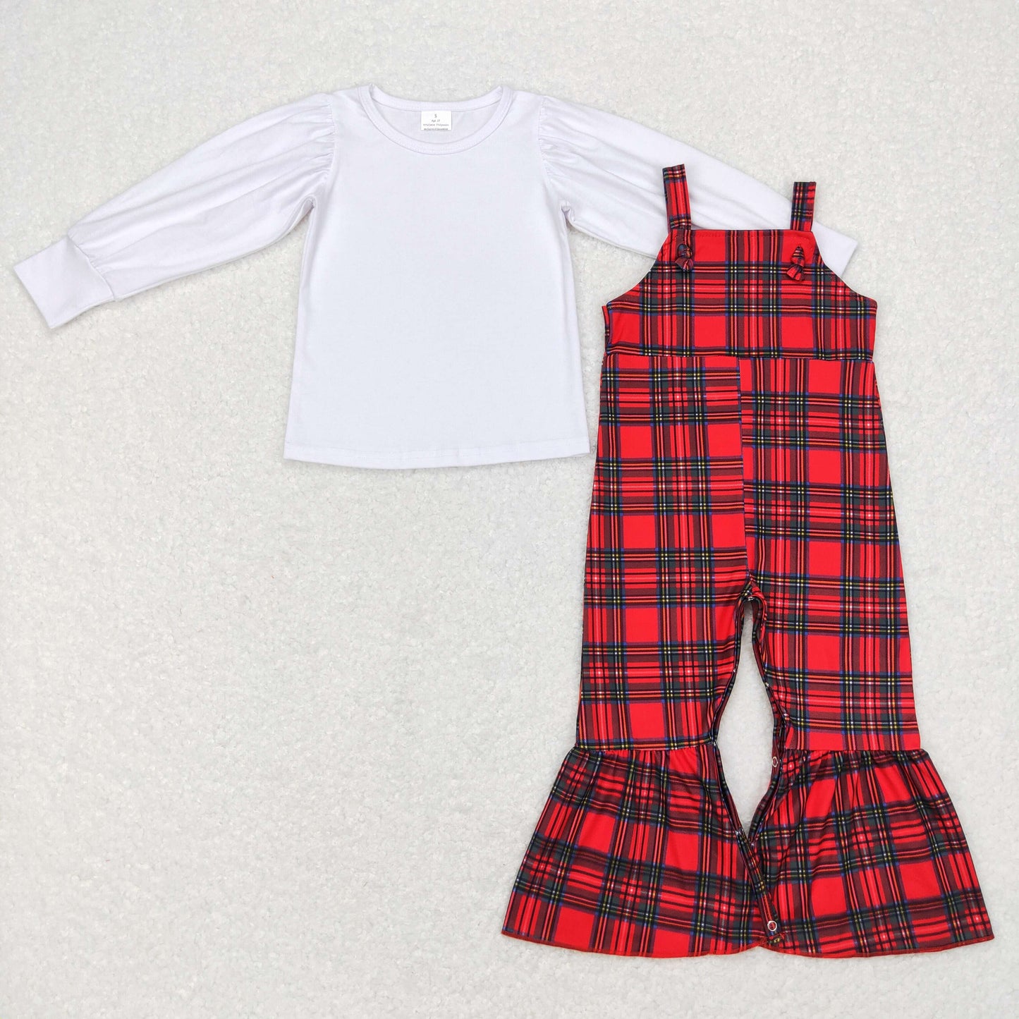 GLP0926 White long sleeve top red checkered jumpsuits girls set