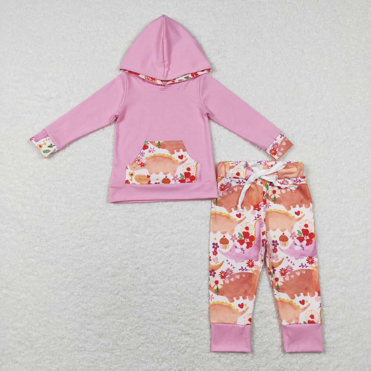 GLP0865 Dinosaur flowers pink pocket hoodie top pants girls set