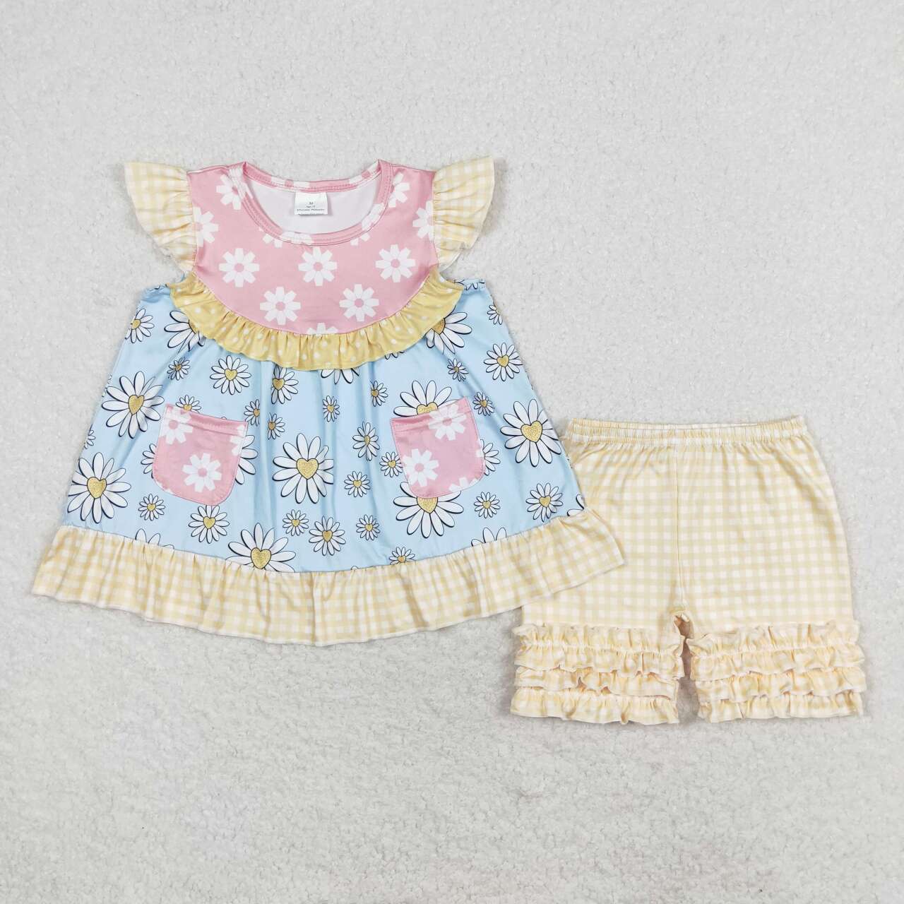 GSSO1036 flowers daisy pink blue flutter sleeve yellow checkered shorts girls set