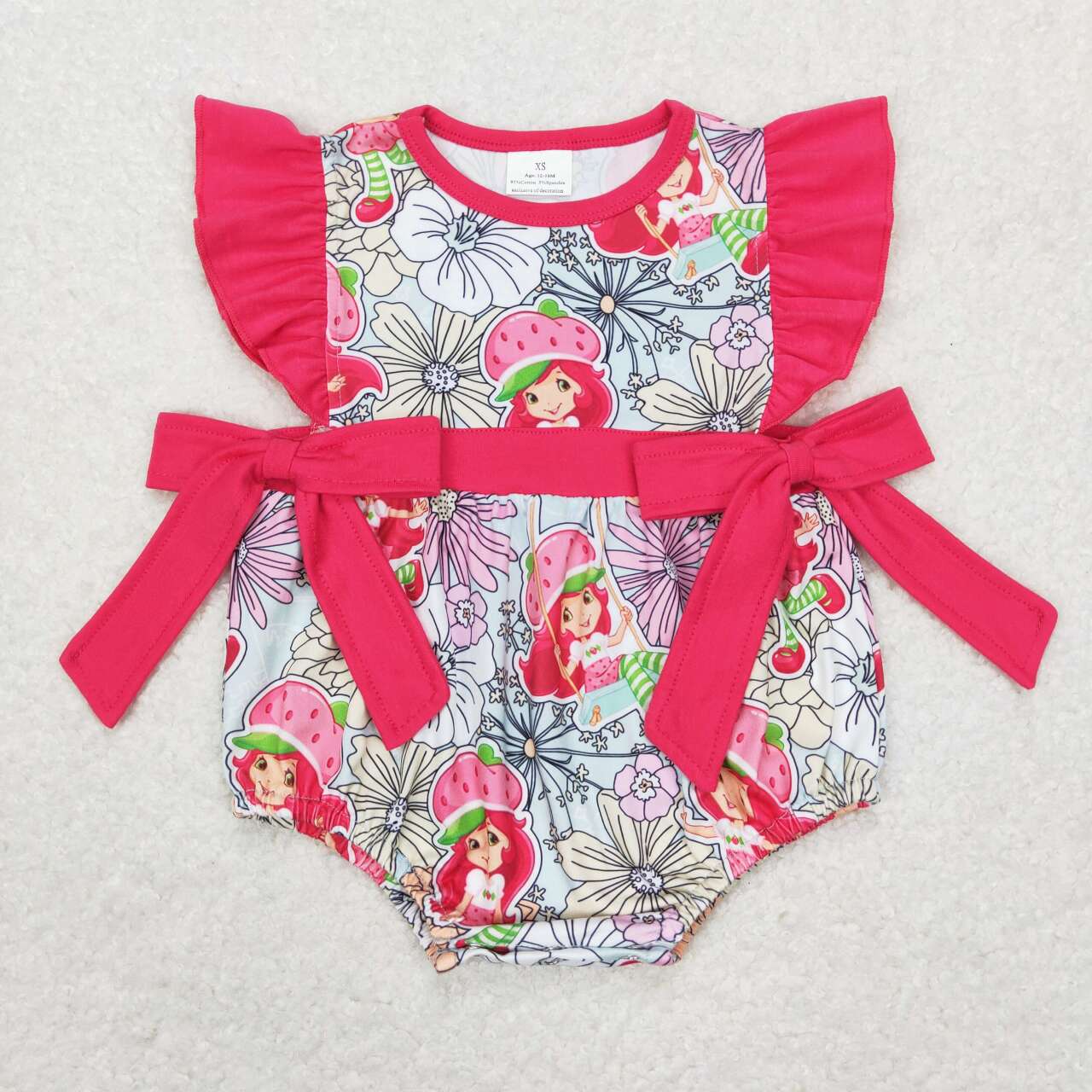 SR0726 Cartoon girl flowers red flutter sleeve girls romper