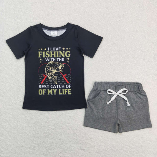 BSSO0474 Baby Boy I love Fishing Short Sleeve Grey Cotton Shorts Boys Set Kids Fishing Clothes